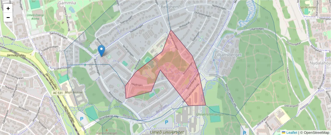 Karta över postnummerområdet  och angränsande postnummer i Sverige