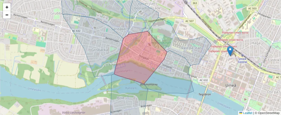 Karta över postnummerområdet  och angränsande postnummer i Sverige