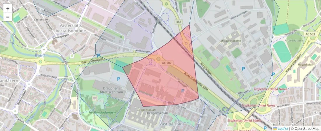 Karta över postnummerområdet  och angränsande postnummer i Sverige
