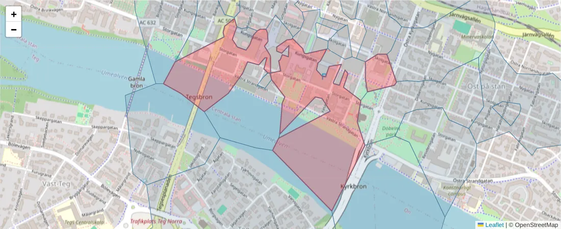 Karta över postnummerområdet  och angränsande postnummer i Sverige