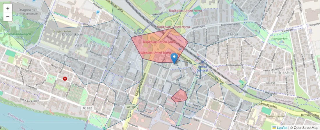 Karta över postnummerområdet  och angränsande postnummer i Sverige