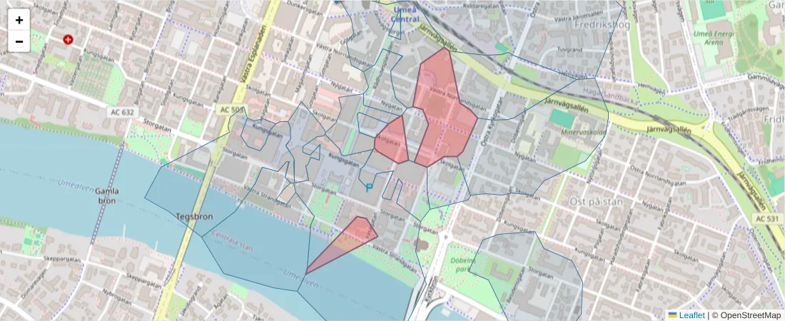 Karta över postnummerområdet  och angränsande postnummer i Sverige