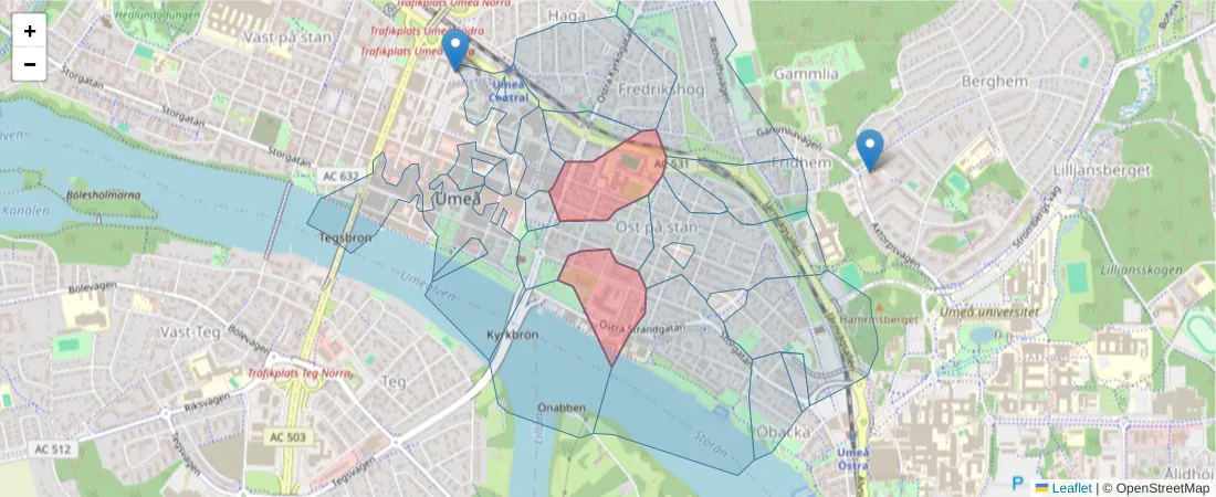 Karta över postnummerområdet  och angränsande postnummer i Sverige