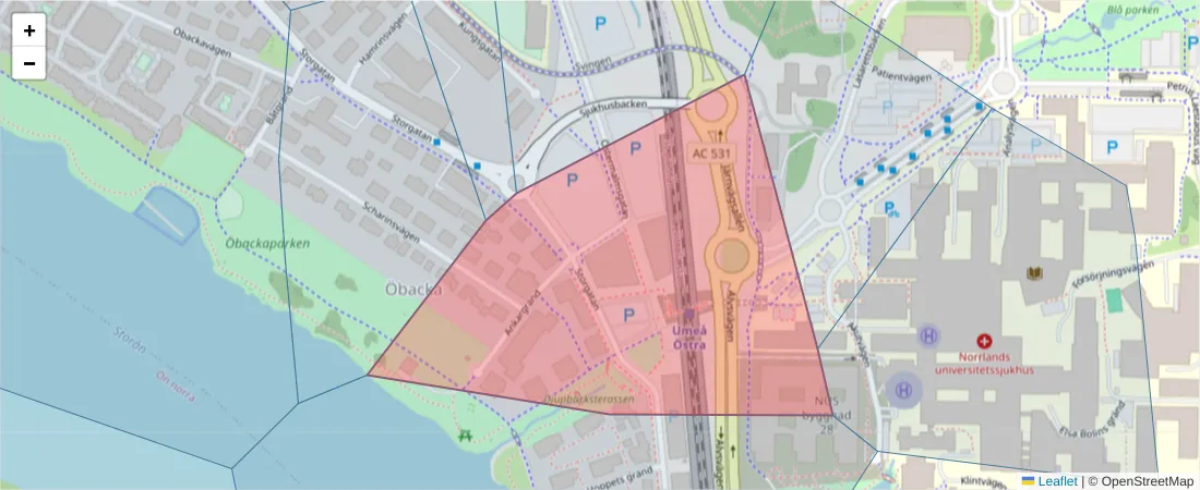 Karta över postnummerområdet  och angränsande postnummer i Sverige