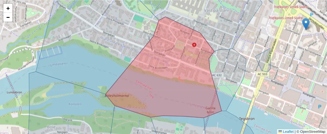 Karta över postnummerområdet  och angränsande postnummer i Sverige