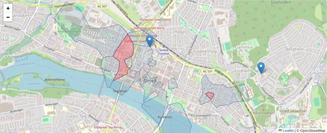 Karta över postnummerområdet  och angränsande postnummer i Sverige