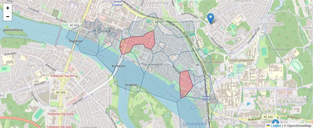 Karta över postnummerområdet  och angränsande postnummer i Sverige