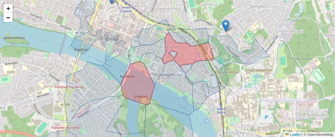 Karta över postnummerområdet  och angränsande postnummer i Sverige