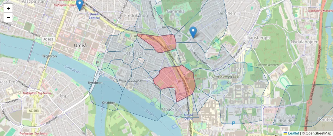 Karta över postnummerområdet  och angränsande postnummer i Sverige