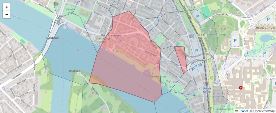 Karta över postnummerområdet  och angränsande postnummer i Sverige