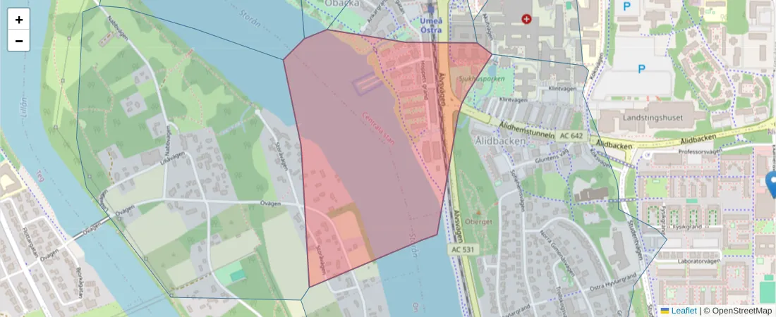 Karta över postnummerområdet  och angränsande postnummer i Sverige