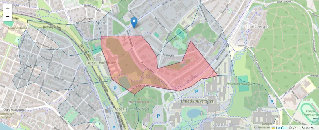 Karta över postnummerområdet  och angränsande postnummer i Sverige