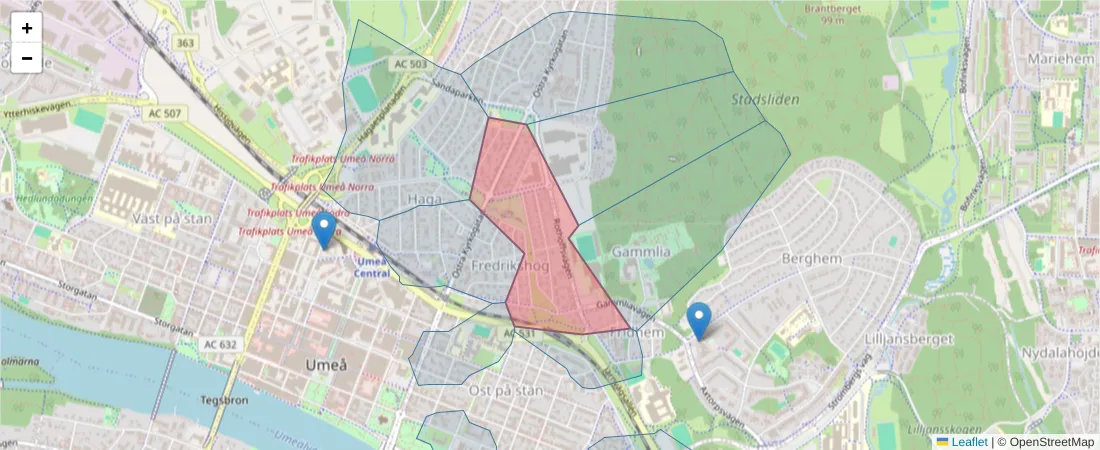 Karta över postnummerområdet  och angränsande postnummer i Sverige