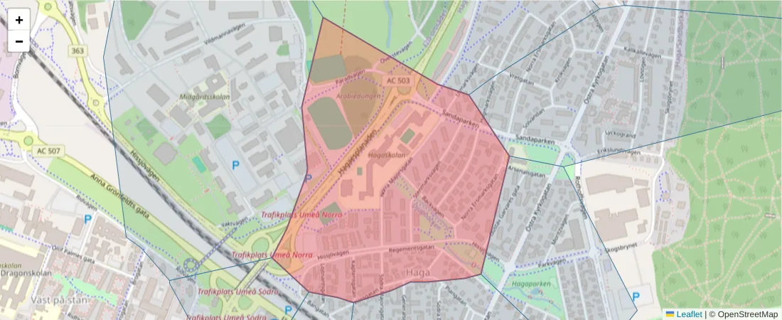 Karta över postnummerområdet  och angränsande postnummer i Sverige