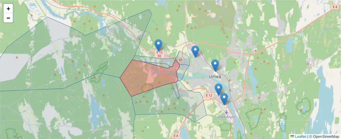 Karta över postnummerområdet  och angränsande postnummer i Sverige