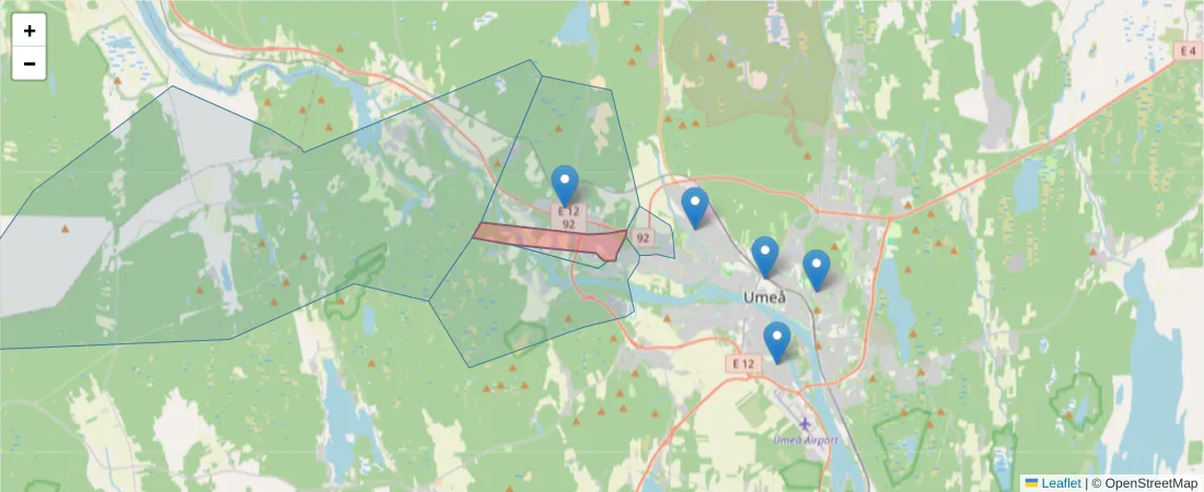 Karta över postnummerområdet  och angränsande postnummer i Sverige