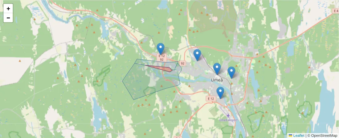 Karta över postnummerområdet  och angränsande postnummer i Sverige