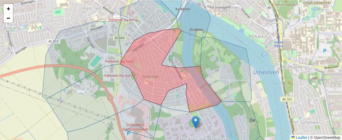 Karta över postnummerområdet  och angränsande postnummer i Sverige