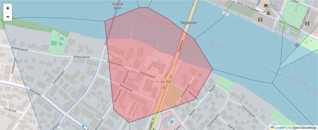 Karta över postnummerområdet  och angränsande postnummer i Sverige