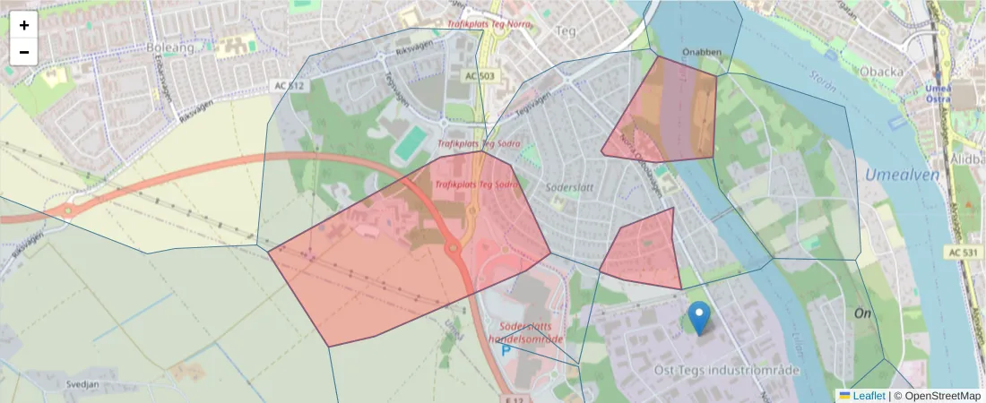 Karta över postnummerområdet  och angränsande postnummer i Sverige