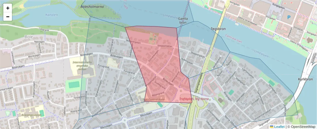 Karta över postnummerområdet  och angränsande postnummer i Sverige