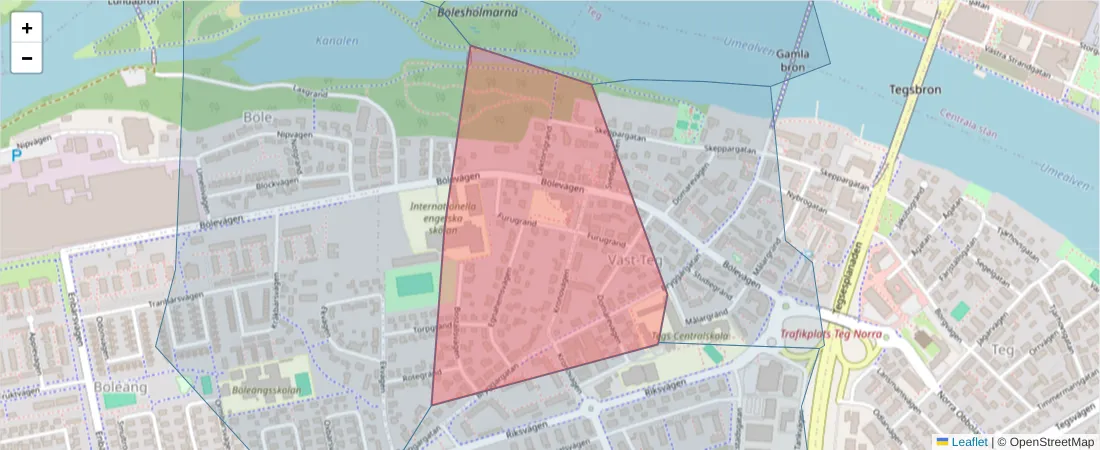 Karta över postnummerområdet  och angränsande postnummer i Sverige