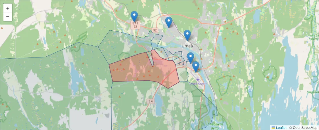 Karta över postnummerområdet  och angränsande postnummer i Sverige