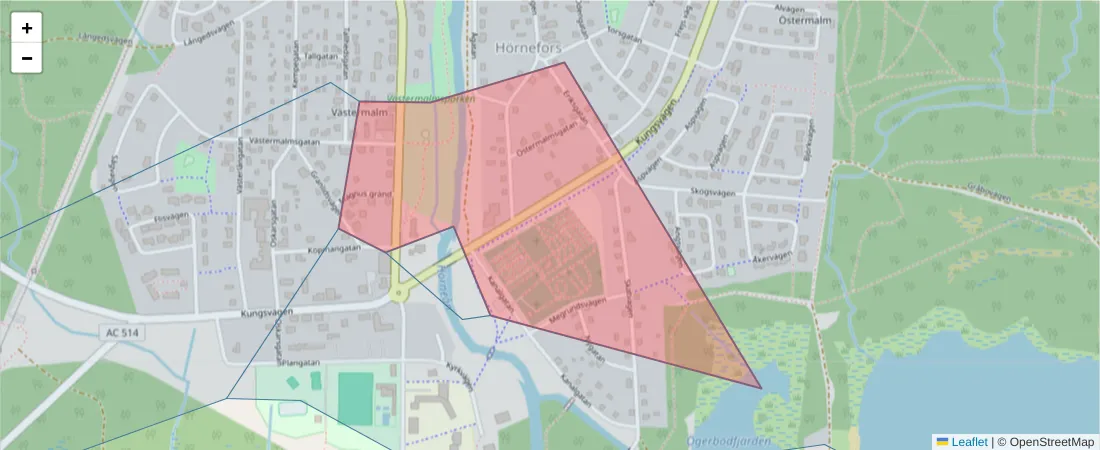 Karta över postnummerområdet  och angränsande postnummer i Sverige