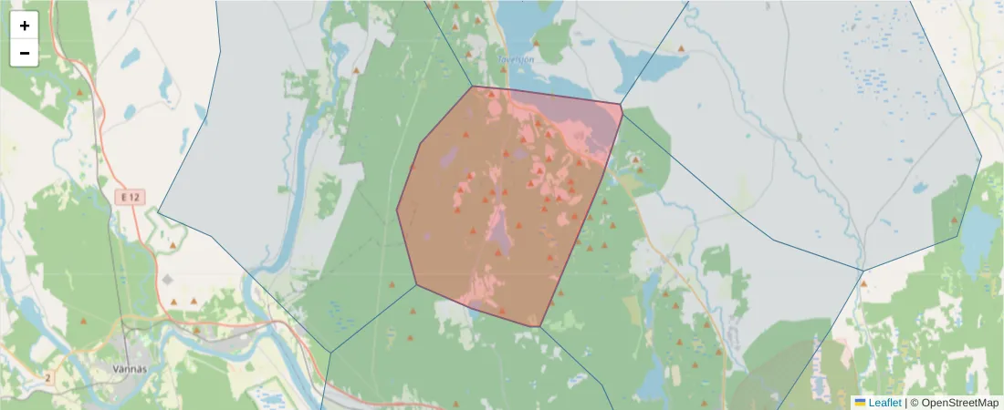 Karta över postnummerområdet  och angränsande postnummer i Sverige