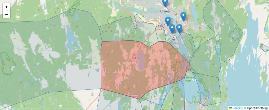 Karta över postnummerområdet  och angränsande postnummer i Sverige