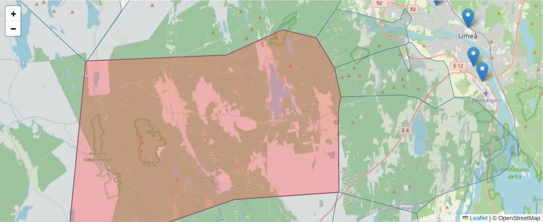 Karta över postnummerområdet  och angränsande postnummer i Sverige