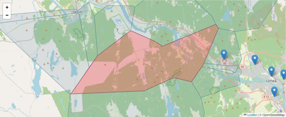 Karta över postnummerområdet  och angränsande postnummer i Sverige