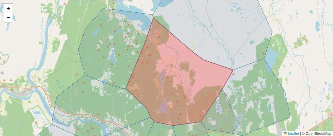 Karta över postnummerområdet  och angränsande postnummer i Sverige