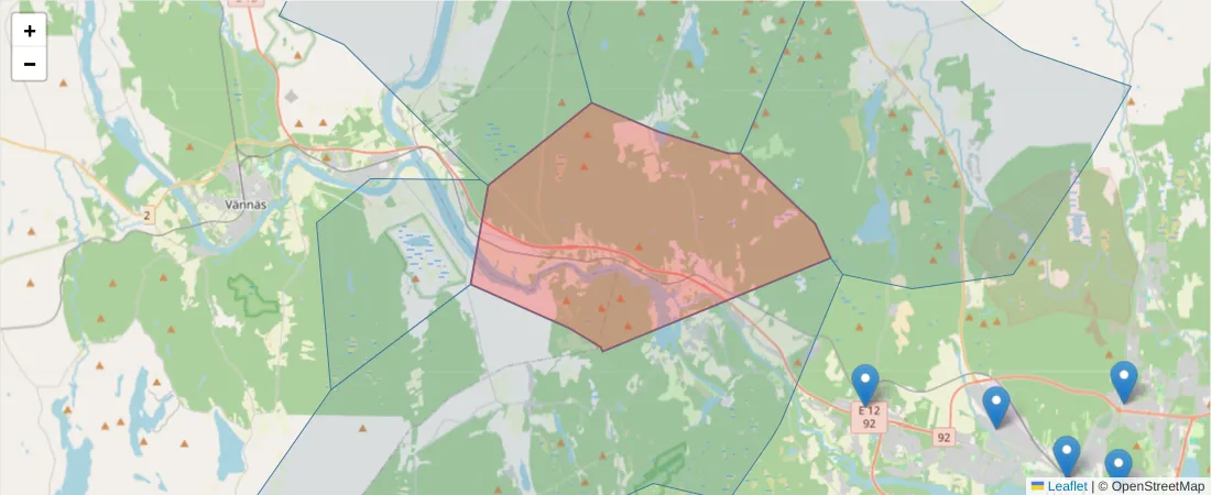Karta över postnummerområdet  och angränsande postnummer i Sverige