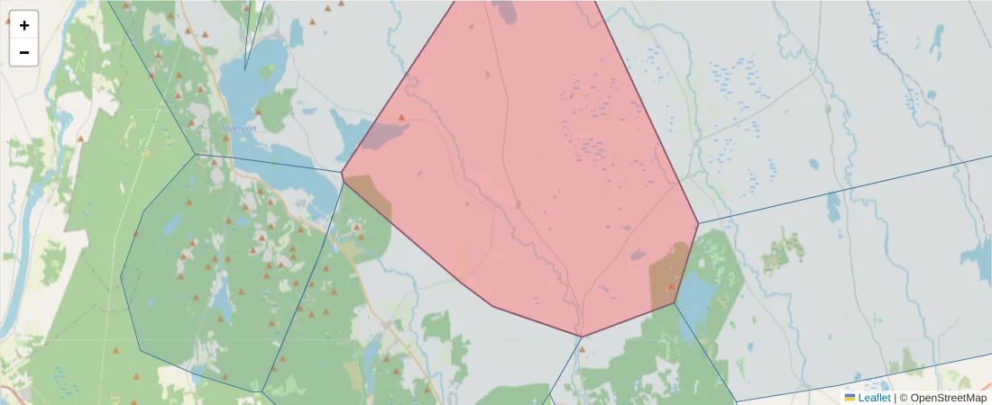 Karta över postnummerområdet  och angränsande postnummer i Sverige