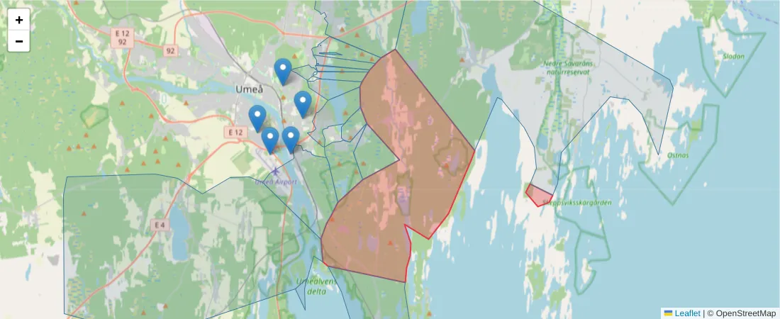 Karta över postnummerområdet  och angränsande postnummer i Sverige