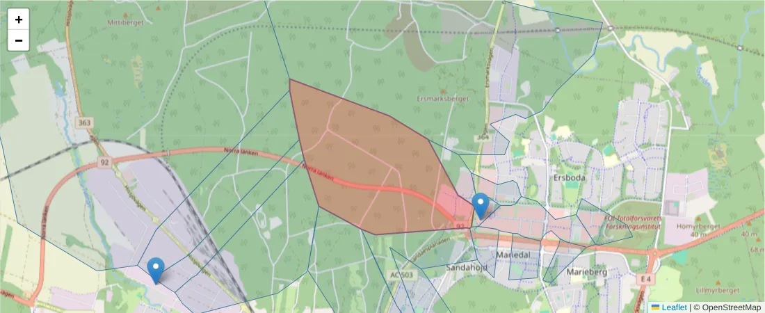 Karta över postnummerområdet  och angränsande postnummer i Sverige