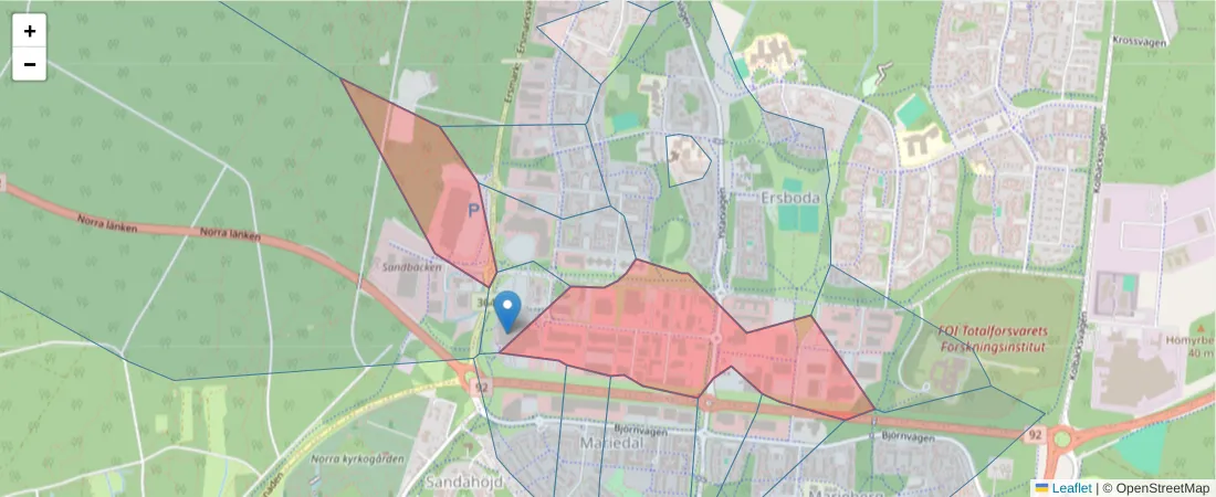 Karta över postnummerområdet  och angränsande postnummer i Sverige