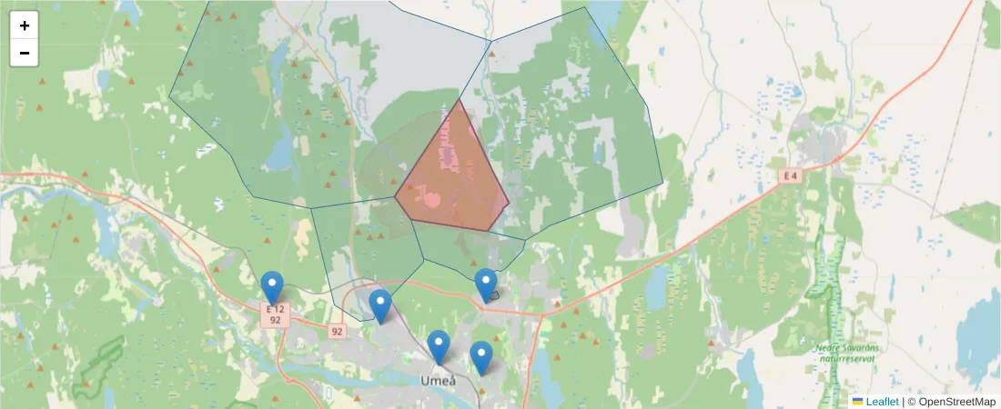 Karta över postnummerområdet  och angränsande postnummer i Sverige