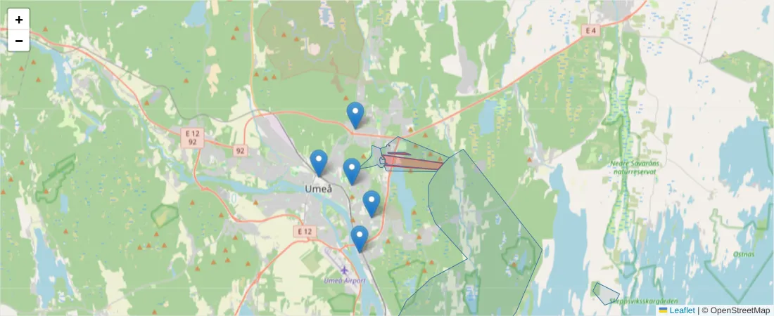 Karta över postnummerområdet  och angränsande postnummer i Sverige