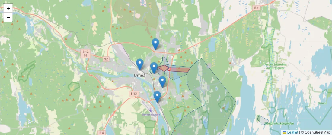 Karta över postnummerområdet  och angränsande postnummer i Sverige