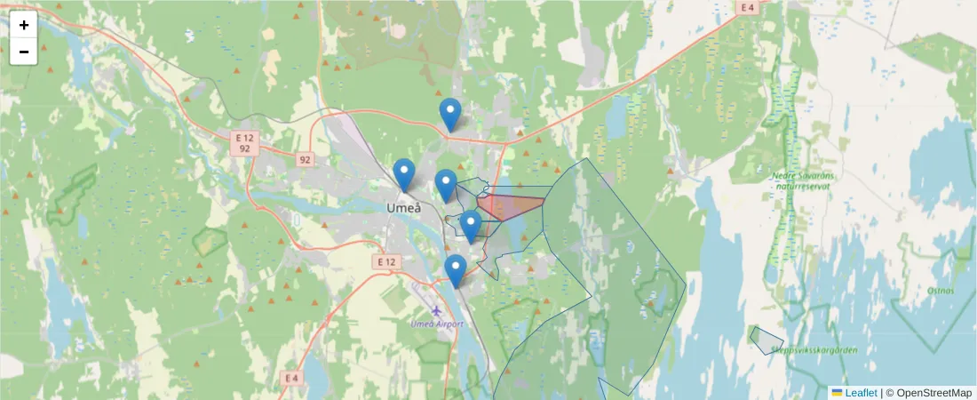 Karta över postnummerområdet  och angränsande postnummer i Sverige