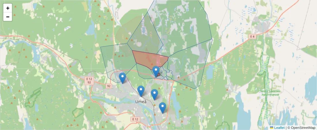 Karta över postnummerområdet  och angränsande postnummer i Sverige