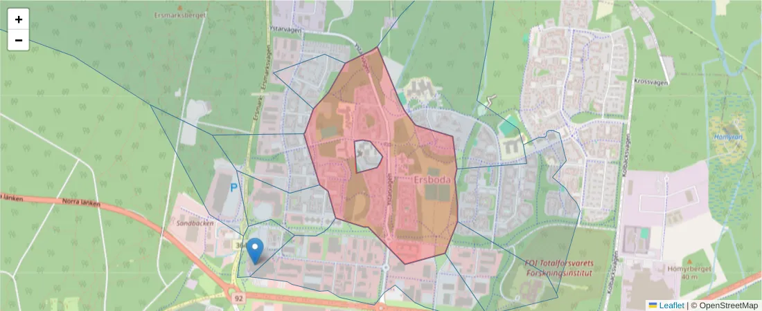 Karta över postnummerområdet  och angränsande postnummer i Sverige