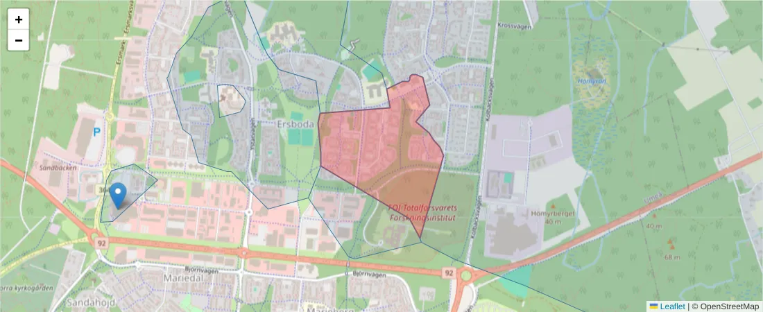 Karta över postnummerområdet  och angränsande postnummer i Sverige