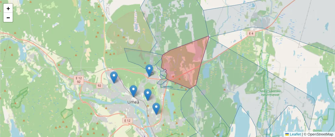 Karta över postnummerområdet  och angränsande postnummer i Sverige