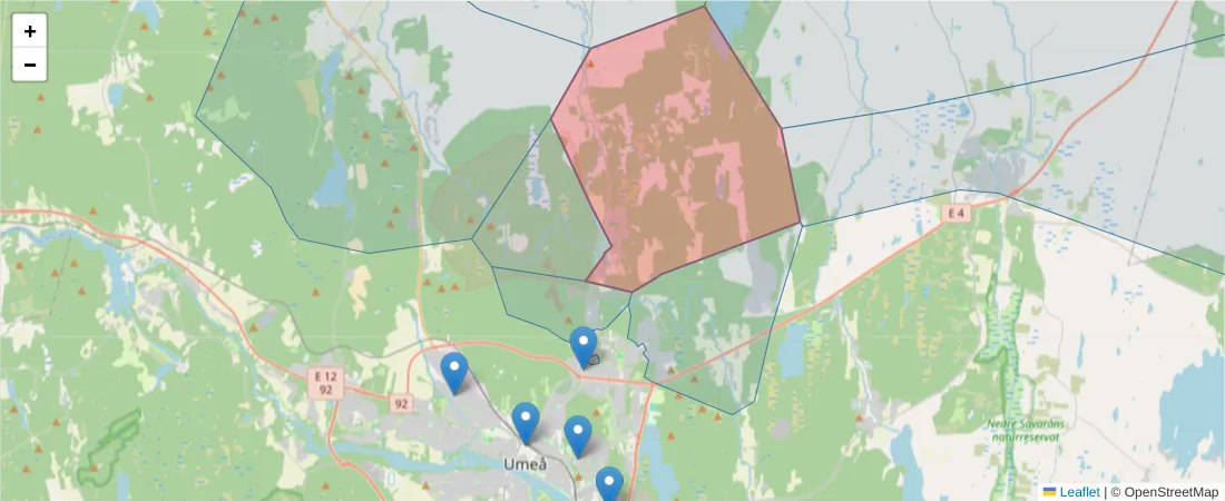 Karta över postnummerområdet  och angränsande postnummer i Sverige