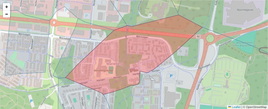 Karta över postnummerområdet  och angränsande postnummer i Sverige