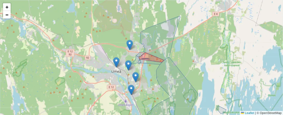 Karta över postnummerområdet  och angränsande postnummer i Sverige