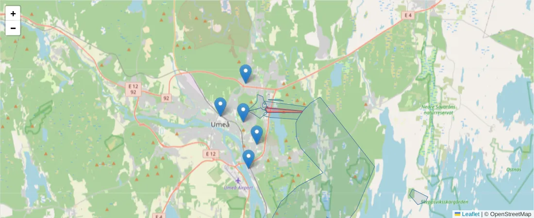 Karta över postnummerområdet  och angränsande postnummer i Sverige